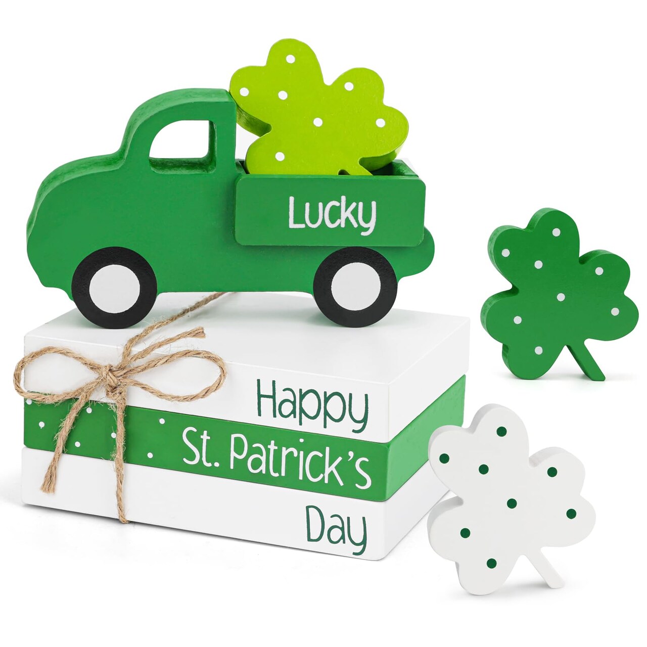St Patricks Day Decorations, St Patricks Day Decor - Wooden Book Stack & Green Truck & 3 Shamrock Decor for Table, Tiered Tray, Office Desk, Mantel, Saint Patricks Day Decorations for Home